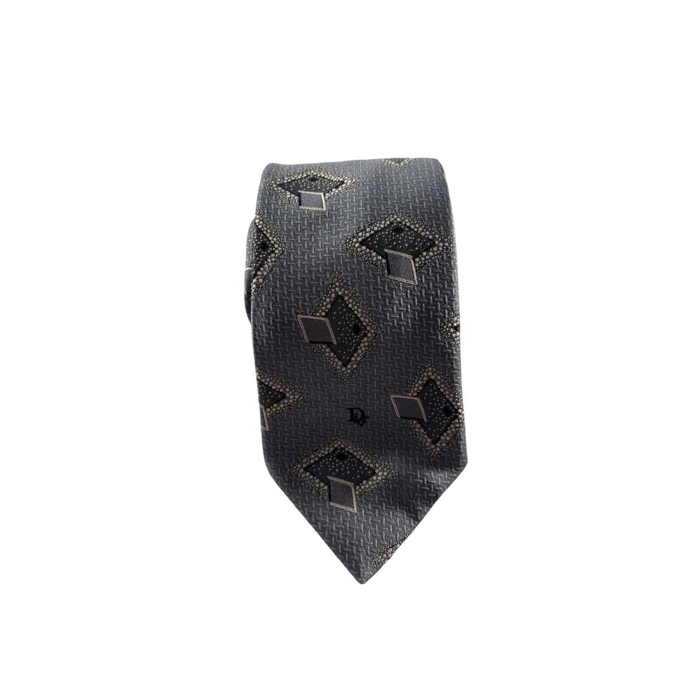 Christian Dior Monsieur Necktie Mens OS Gray Geometric Silk Blend Tie Luxury